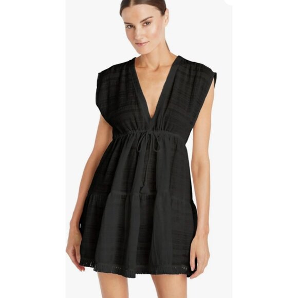 robin picoone Other - Robin Piccone Natalie Black Cover-Up Dress Drawstring Waist Fringe Hem Medium